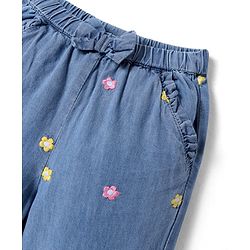 Babyhug Full Length Denim Jeans With Floral Embroidery & Bow Applique - Blue