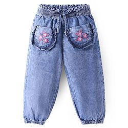 Babyhug Denim Full Length Washed  Joggers With Floral Embroidery - Light Blue