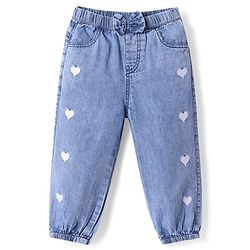 Babyhug Denim Full Length Jogger With Heart Embroidery & Bow Applique - Light Blue