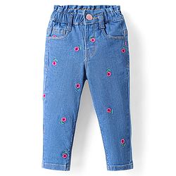 Babyhug Full Length Stretchable Denim Jeans with Floral Embroidery - Blue