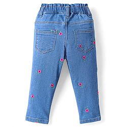Babyhug Full Length Stretchable Denim Jeans with Floral Embroidery - Blue