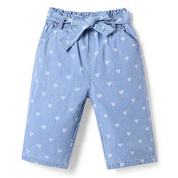 Babyhug Ankle Length Denim Culotte Pant With Heart Print & Bow Applique - Light Blue