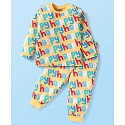 Babyhug 100% Cotton Knit Full Sleeves Night Suit With Happy Text Print - Yellow