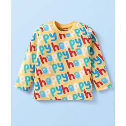 Babyhug 100% Cotton Knit Full Sleeves Night Suit With Happy Text Print - Yellow