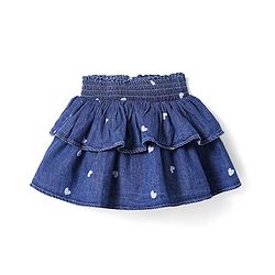 Babyhug Mid Thigh Frilled Denim Skirt With Heart Print - Blue