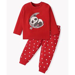 Babyhug Cotton Knit Full Sleeves Night Suit with Panda & Stars Print - Red