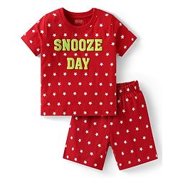 Babyhug Cotton Knit Half Sleeves Shorts Night Suit with Stars & Text Print - Red