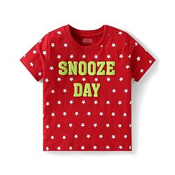 Babyhug Cotton Knit Half Sleeves Shorts Night Suit with Stars & Text Print - Red