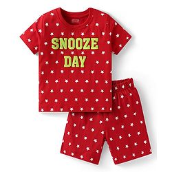 Babyhug Cotton Knit Half Sleeves Shorts Night Suit with Stars & Text Print - Red