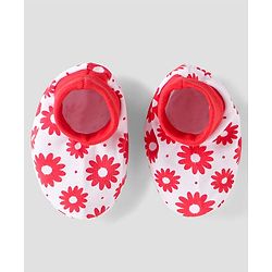 Babyhug 100% Cotton Knit Mittens & Booties with Floral Print - Red