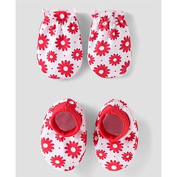 Babyhug 100% Cotton Knit Mittens & Booties with Floral Print - Red