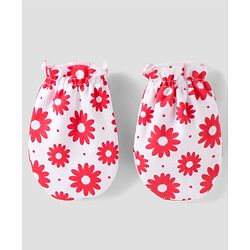 Babyhug 100% Cotton Knit Mittens & Booties with Floral Print - Red