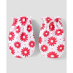 Babyhug 100% Cotton Knit Mittens & Booties with Floral Print - Red