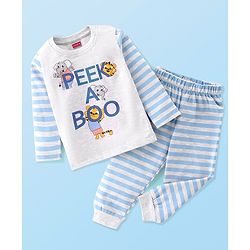 Babyhug Single Jersey Knit Full Sleeves Night Suit Elephant Printed - White & Blue