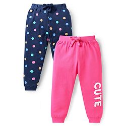 Babyhug Single Jersey Knit Full Length Lounge Pants Pack Of 2 with Polka Dots & Text Print - Pink Navy Blue