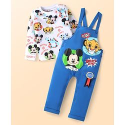 Babyhug Disney Single Jersey Knit Dungaree & Full Sleeves T-Shirt Set with Mickey Mouse Graphics - White & Blue