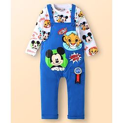 Babyhug Disney Single Jersey Knit Dungaree & Full Sleeves T-Shirt Set with Mickey Mouse Graphics - White & Blue