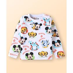 Babyhug Disney Single Jersey Knit Dungaree & Full Sleeves T-Shirt Set with Mickey Mouse Graphics - White & Blue