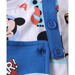 Babyhug Disney Single Jersey Knit Dungaree & Full Sleeves T-Shirt Set with Mickey Mouse Graphics - White & Blue