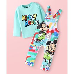 Babyhug Disney Single Jersey Knit Dungaree & Full Sleeves T-Shirt Set with Mickey Mouse Graphics - Aqua Blue