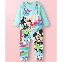 Babyhug Disney Single Jersey Knit Dungaree & Full Sleeves T-Shirt Set with Mickey Mouse Graphics - Aqua Blue