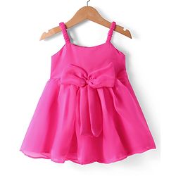 Babyhug Woven Singlet Sleeves Party Dress with Bow Applique - Dark Pink