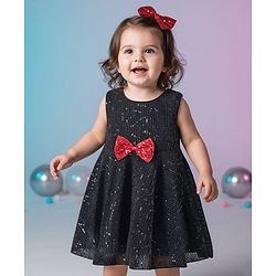 Babyhug Woven Sleeveless Party Wear Fit And Flare Dress With Sequin And Bow Applique -  Black