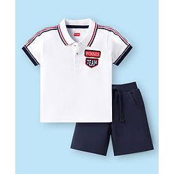 Babyhug Single Jersey Knit Half Sleeves Polo T-Shirt & Shorts Set with Patch & Tape Detailing - White & Navy Blue