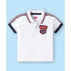 Babyhug Single Jersey Knit Half Sleeves Polo T-Shirt & Shorts Set with Patch & Tape Detailing - White & Navy Blue