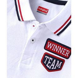 Babyhug Single Jersey Knit Half Sleeves Polo T-Shirt & Shorts Set with Patch & Tape Detailing - White & Navy Blue