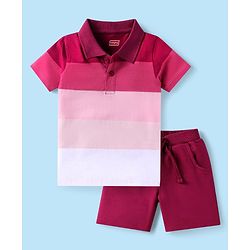 Babyhug Single Jersey Knit Half Sleeves Polo T-Shirt & Shorts Set With Color Block Design - Maroon