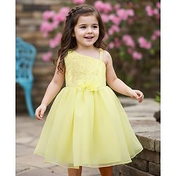 Babyhug Woven Sleeveless Party Dress with Floral  Embroidery on Yoke - Yellow