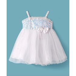 Babyhug Woven Singlet Dress With Sequinned Yoke & Bow - White