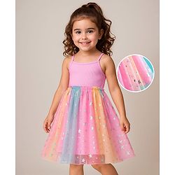 Babyhug Woven Mesh Sleeveless Party Wear Dress With Silver Foil Star Print - Pink
