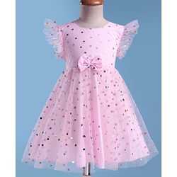 Babyhug Woven Frill Sleeves Mesh Party Party Dress with Foil Print & Bow Applique - Pink