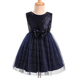 Babyhug Woven Sleeveless Party Dress With Bow Applique & Sequin - Navy Blue