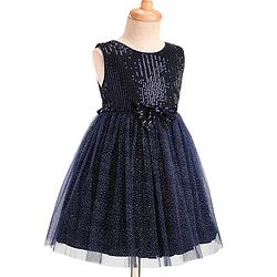 Babyhug Woven Sleeveless Party Dress With Bow Applique & Sequin - Navy Blue