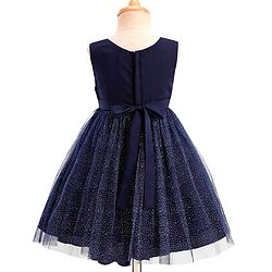 Babyhug Woven Sleeveless Party Dress With Bow Applique & Sequin - Navy Blue