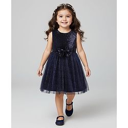 Babyhug Woven Sleeveless Party Dress With Bow Applique & Sequin - Navy Blue