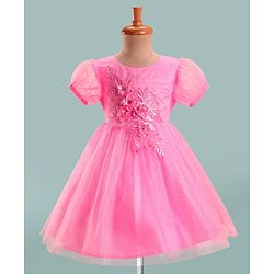 Babyhug Woven Half Sleeves Mesh Party Dress With 3D Floral Applique - Pink