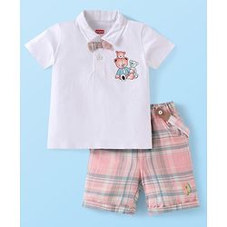 Babyhug Single Jersey Knit Half Sleeves Bear Printed Polo T-Shirt & Checkered Shorts Set with Suspender & Bow Applique - White & Pink