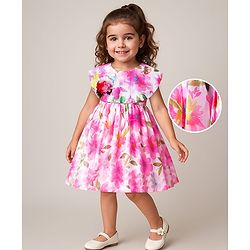Babyhug Woven Sleeveless Fit & Flare Party Dress with Floral Print - Pink & White