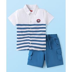 Babyhug Single Jersey Knit Half Sleeves Striped Shirts & Shorts Set - White & Blue