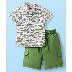 Babyhug Knitted Half Sleeves Shirt & Woven Shorts Set with Beach Theme Print - Green