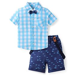 Babyhug Single Jersey Knit Half Sleeves Checks Shirt & Fish Printed Shorts With Bow Applique & Suspender - Light & Navy Blue