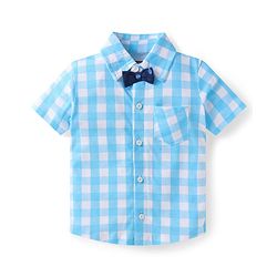 Babyhug Single Jersey Knit Half Sleeves Checks Shirt & Fish Printed Shorts With Bow Applique & Suspender - Light & Navy Blue