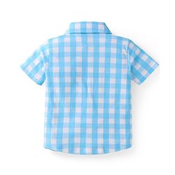 Babyhug Single Jersey Knit Half Sleeves Checks Shirt & Fish Printed Shorts With Bow Applique & Suspender - Light & Navy Blue