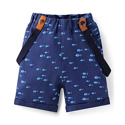 Babyhug Single Jersey Knit Half Sleeves Checks Shirt & Fish Printed Shorts With Bow Applique & Suspender - Light & Navy Blue