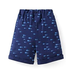 Babyhug Single Jersey Knit Half Sleeves Checks Shirt & Fish Printed Shorts With Bow Applique & Suspender - Light & Navy Blue