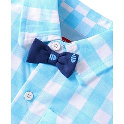 Babyhug Single Jersey Knit Half Sleeves Checks Shirt & Fish Printed Shorts With Bow Applique & Suspender - Light & Navy Blue